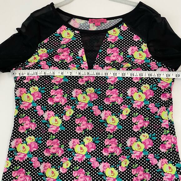 Betsey Johnson Blouse Long Mesh Sleeves Floral Polka dots Women's Size L - Picture 3 of 8